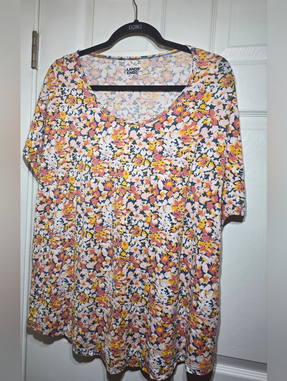 Lands’ End Women’s 2X Floral Long Sleeve Scoop Neck Tunic Top Pink Yellow Navy